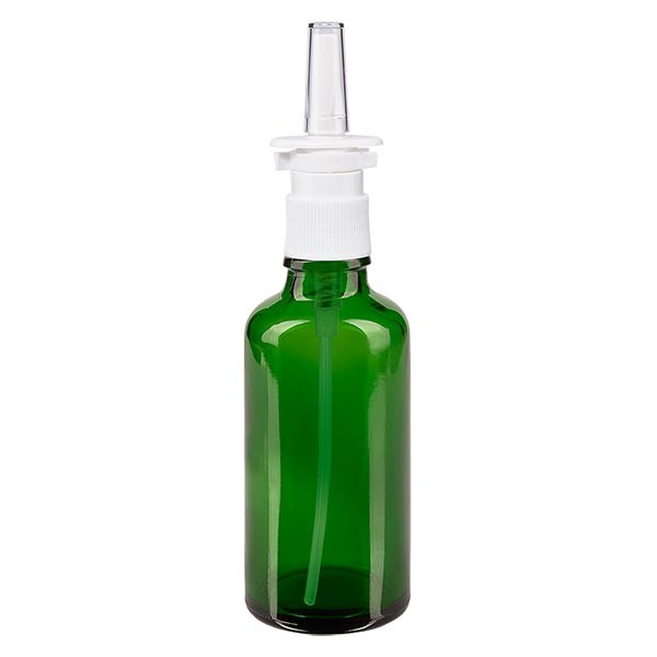Grünglasflasche 50ml mit Nasenzerstäuber weiss