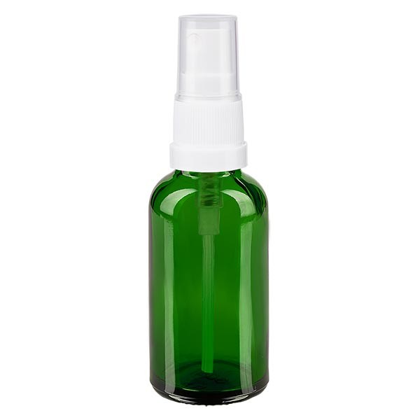 Grünglasflasche 30ml mit Pumpzerstäuber weiss