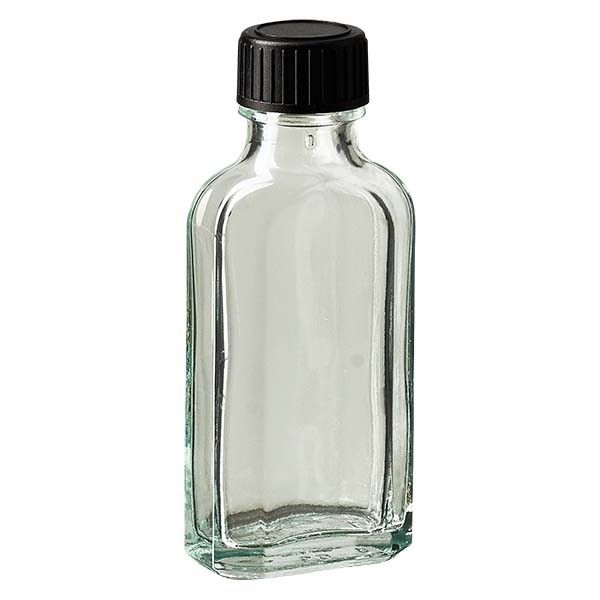 50 ml weiße Meplatflasche mit DIN 22 Mündung, inklusive Schraubverschluss DIN 22 schwarz aus EPE