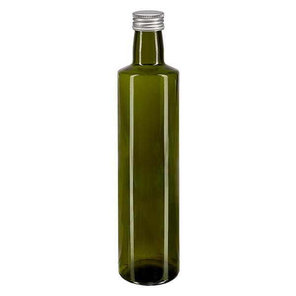 500ml Ölflasche rund Olivgrün inkl. Alu Schraubverschluss Silber (PP 31.5mm)