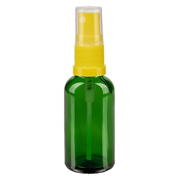 Grünglasflasche 30ml mit Pumpzerstäuber gelb
