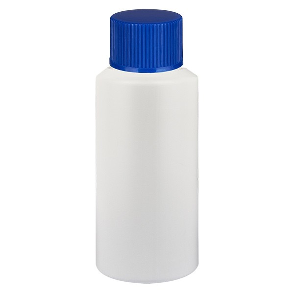 PET Zylinderflasche 25ml weiss, S20x3 mit blauem SV