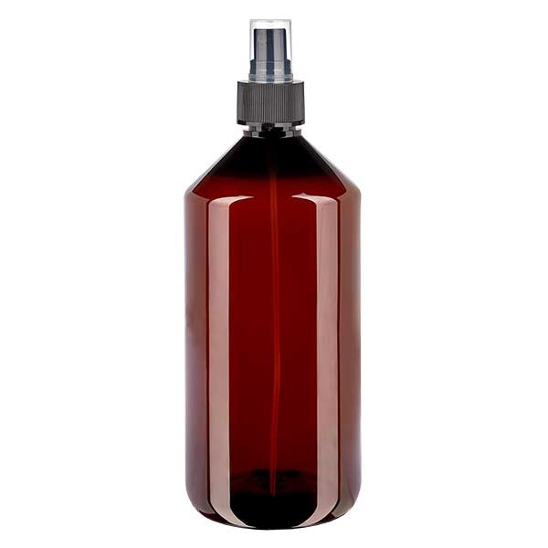 1000 ml PET Medizinflasche mit Zerstäuber schwarz GCMI 28/410 inkl. Kappe transparent, Standard