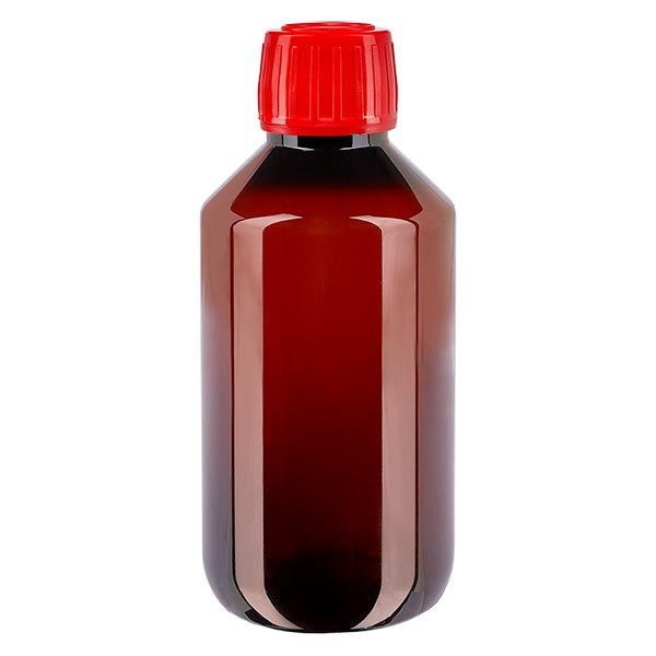 PET Medizinflasche 200ml braun (Veralflasche) PP28, mit rotem OV