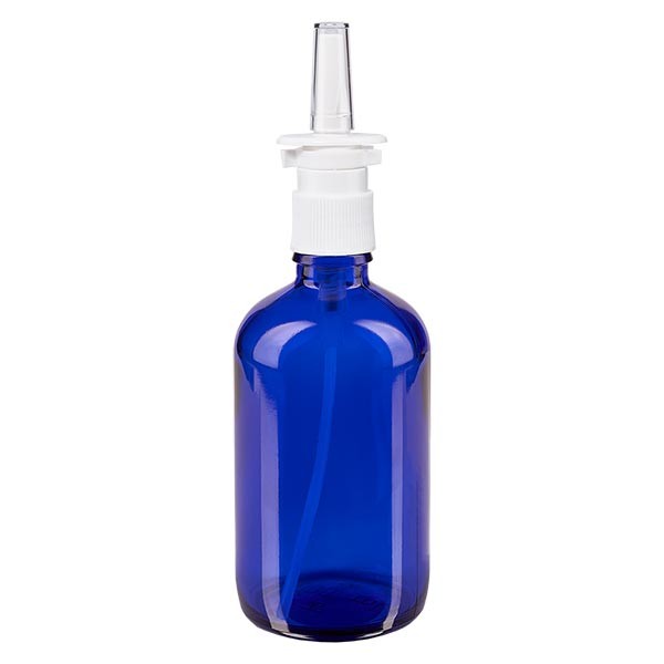 Blauglasflasche 100ml mit Nasenzerstäuber weiss