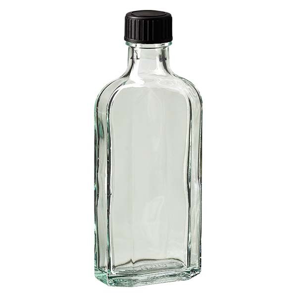 125 ml weiße Meplatflasche mit DIN 22 Mündung, inklusive Schraubverschluss DIN 22 schwarz aus LKD