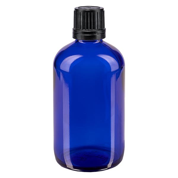 Apothekenfl. blau 100ml Schraubv. schw Giessr. OV