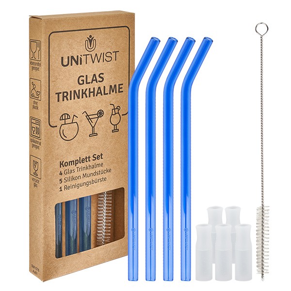 Glas Trinkhalm Set blau mit Softtips UNiTWIST