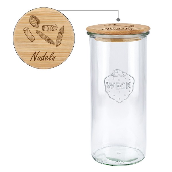 Holzdeckelset &quot;Nudeln&quot; mit WECK Sturzglas 1500ml