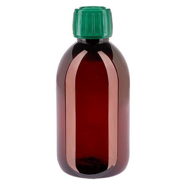 PET Medizinflasche 250ml braun (Sirupflasche) PP28, mit grünem OV