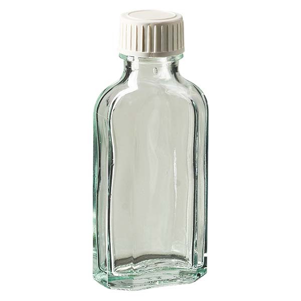 50 ml weiße Meplatflasche mit DIN 22 Mündung, inkl. Verschluss weiss aus PP mit PE-Schaumeinlage