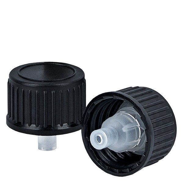 Schraubverschluss mit Tropfeinsatz 2mm, Standard, schwarz DIN18 für ätherische Öle
