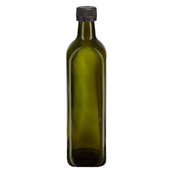 750ml Ölflasche eckig Olivgrün inkl. Schraubverschluss Schwarz (PP 31.5mm) mit Ausgiessring OV