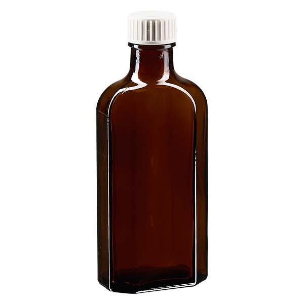 125 ml braune Meplatflasche mit DIN22 Mündung, inkl. Verschluss weiss aus PP mit PE-Schaumeinlage