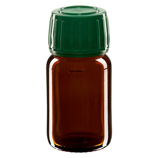 30ml Euro-Medizinflasche braun mit grünem Schraubverschluss OV