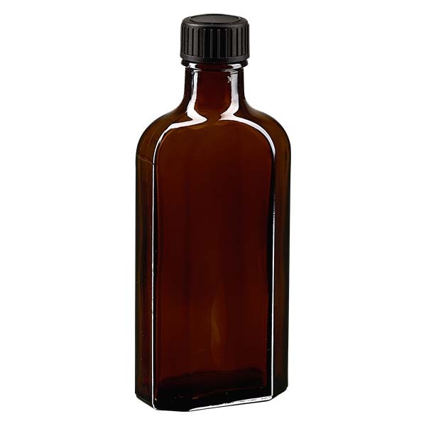 125 ml braune Meplatflasche mit DIN 22 Mündung, inklusive Schraubverschluss DIN 22 schwarz aus LKD
