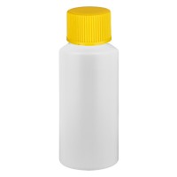PET Zylinderflasche 30ml weiss, S20x3 mit gelbem SV PET Zylinderflasche 30ml weiss, S20x3 mit gelbem SV