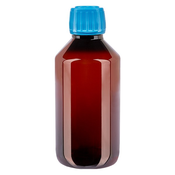 PET Medizinflasche 250ml braun (Sirupflasche) PP28, mit blauem OV