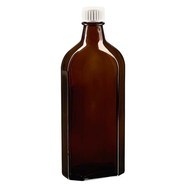 250 ml braune Meplatflasche mit DIN 22 Mündung, inkl. Verschluss weiss aus PP mit PE-Schaumeinlage