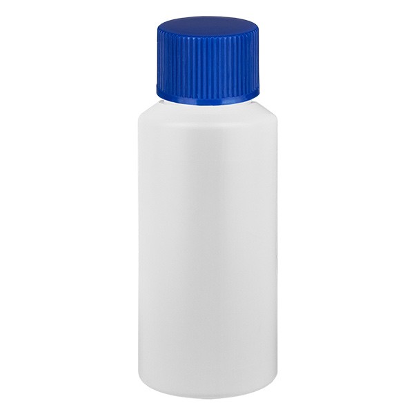 PET Zylinderflasche 30ml weiss, S20x3 mit blauem SV