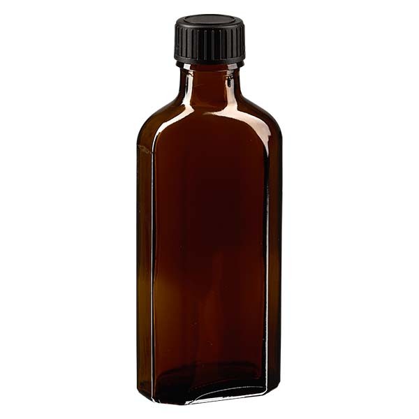 100 ml braune Meplatflasche mit DIN 22 Mündung, inklusive Schraubverschluss DIN 22 schwarz aus LKD