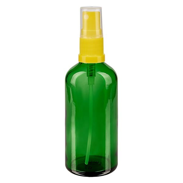 Grünglasflasche 100ml mit Pumpzerstäuber gelb