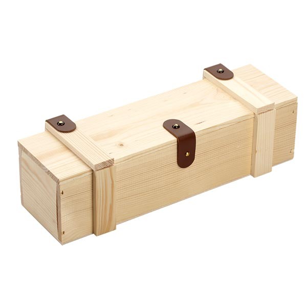 Holzbox mit Klappdeckel u Lederbeschlägen 34x9x9cm geschlossen