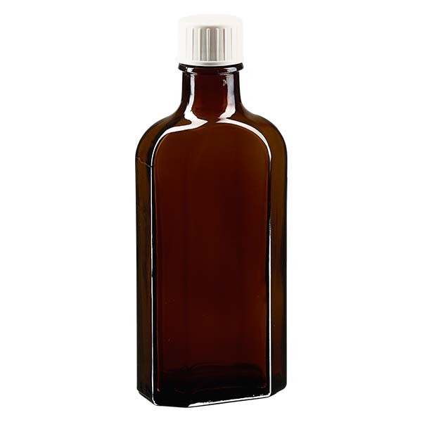 125 ml braune Meplatflasche mit DIN 22 Mündung, inklusive Schraubverschluss weiss mit Giessring