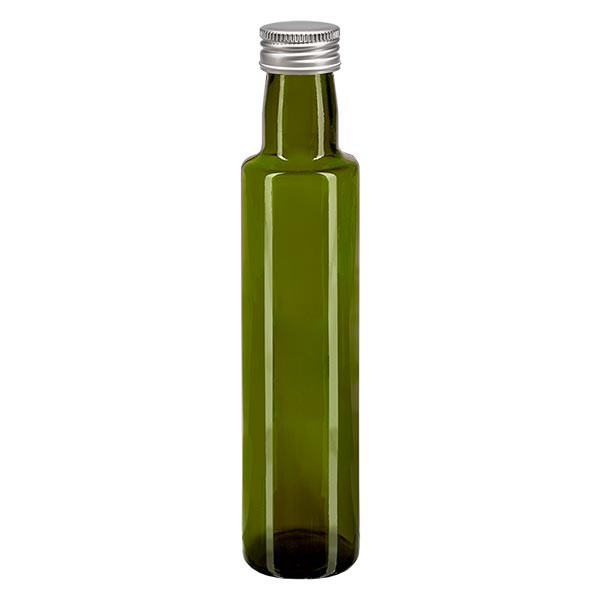 250ml Ölflasche rund Olivgrün inkl. Alu Schraubverschluss Silber (PP 31.5mm)