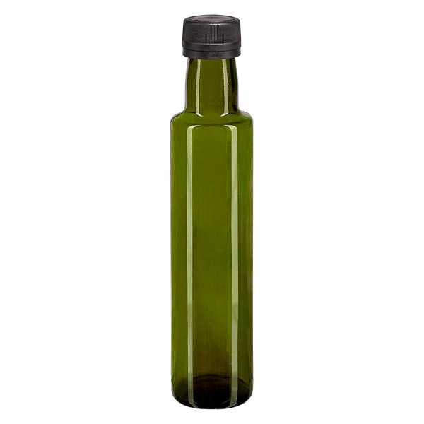250ml Ölflasche rund Olivgrün inkl. Schraubverschluss Schwarz (PP 31.5mm) mit Ausgiessring OV