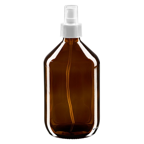 500 ml Euro-Medizinflasche braun mit weissem Zerstäuber inkl. transparenter Kappe