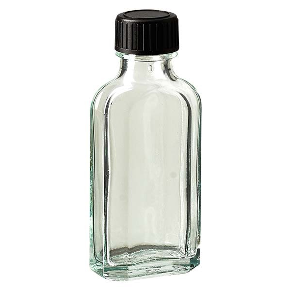 50 ml weiße Meplatflasche mit DIN 22 Mündung, inklusive Schraubverschluss DIN 22 schwarz aus LKD