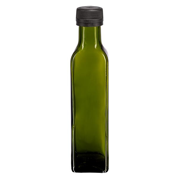 250ml Ölflasche eckig Olivgrün inkl. Schraubverschluss Schwarz (PP 31.5mm) mit Ausgiessring OV