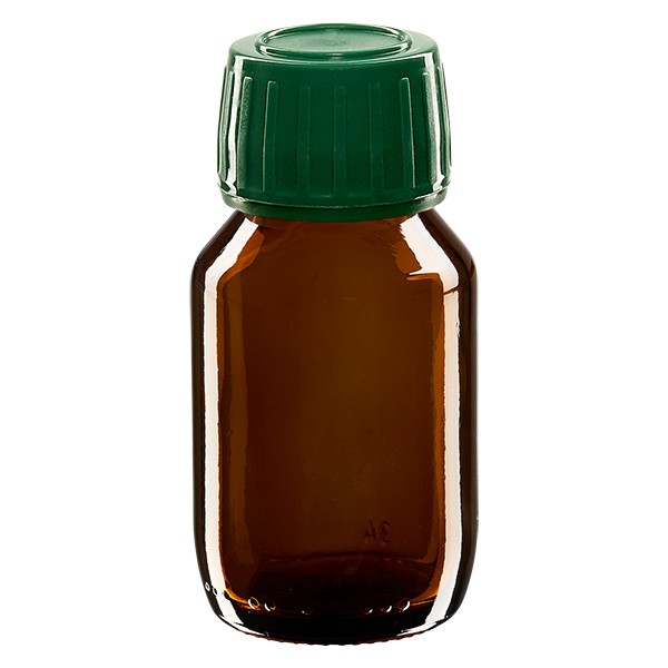 50ml Euro-Medizinflasche braun mit grünem Schraubverschluss OV