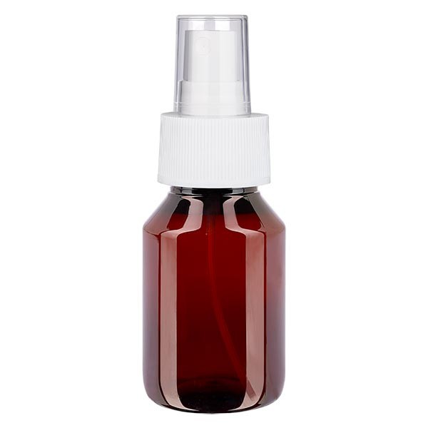 50 ml PET Medizinflasche mit Zerstäuber weiß GCMI 28/410 inkl. Kappe transparent, Standard