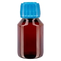 PET Medizinflasche 50ml braun (Veralflasche) PP28, mit blauem OV PET Medizinflasche 50ml braun (Veralflasche) PP28, mit blauem OV